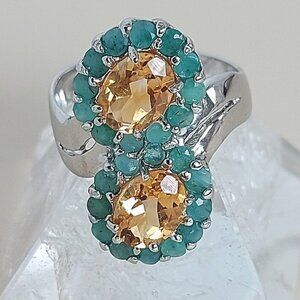 Natural Oval Citrine 8x6mm & Emerald Gemstone‎ 925 Sterling Silver Ring 7.5